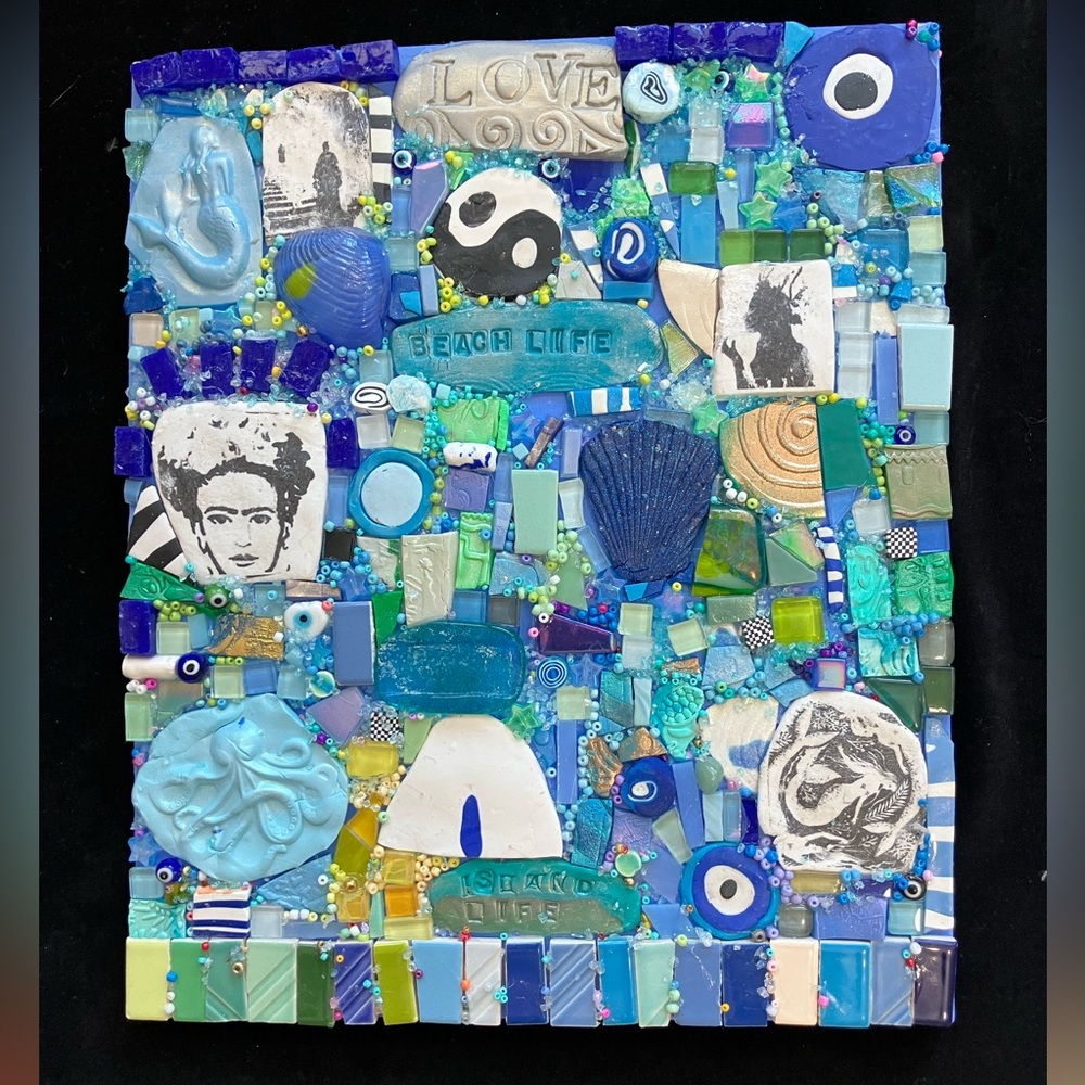 Handmade Clay/Glass Mosaic Art “Beach Life” Polymer Clay Original OnWood…